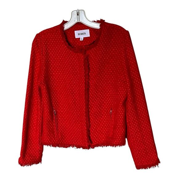 BB Dakota Feeling Fancy Red Tweed Zip Front Collarless Jacket Blazer Size Small - Picture 1 of 12